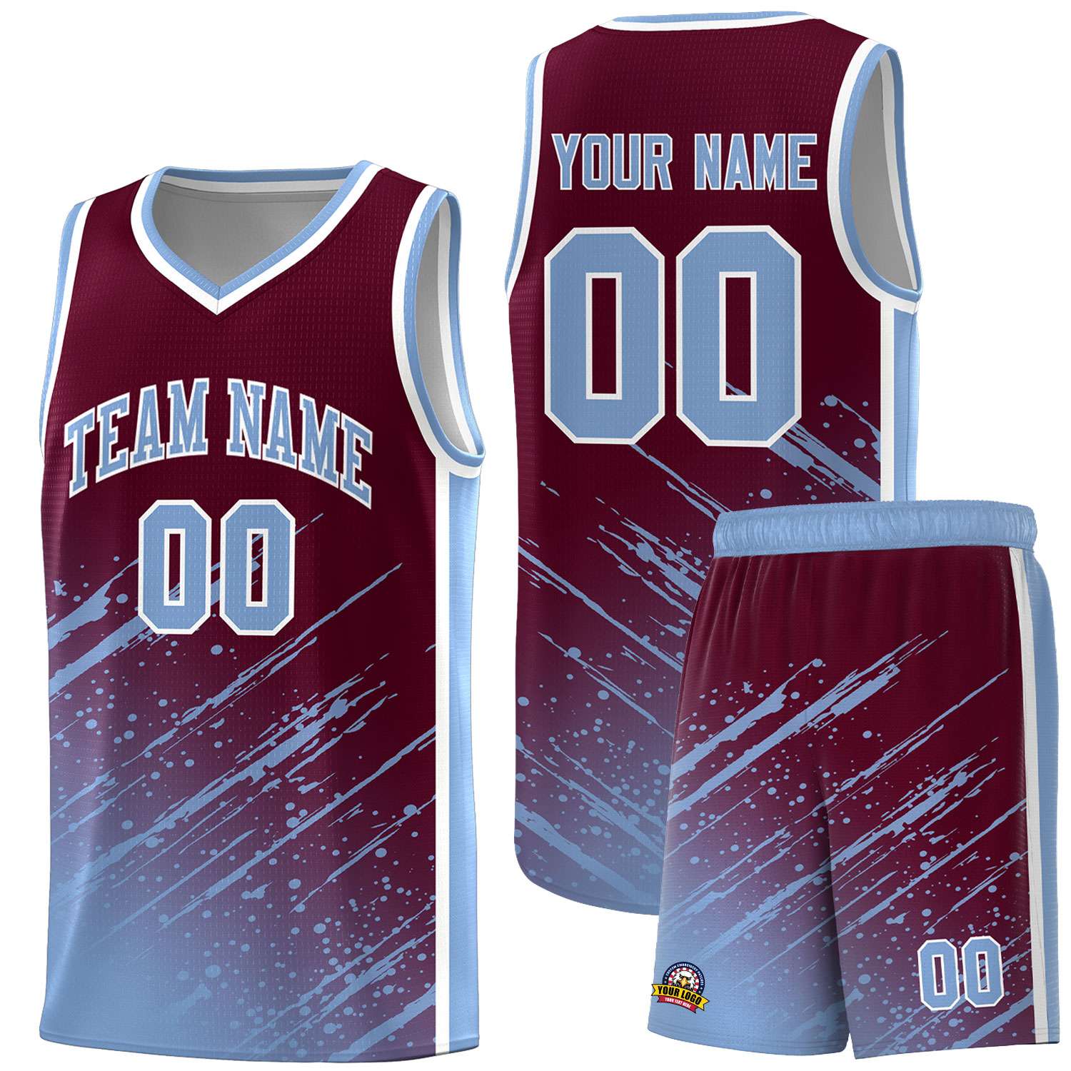 Custom Crimson Basketball Kits With Light Blue Paint Graffiti