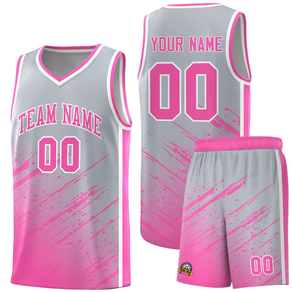 Custom Gray Basketball Kits With Pink Paint Graffiti