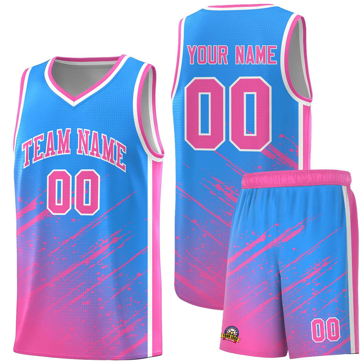 Custom Powder Blue Basketball Kits With Pink Paint Graffiti