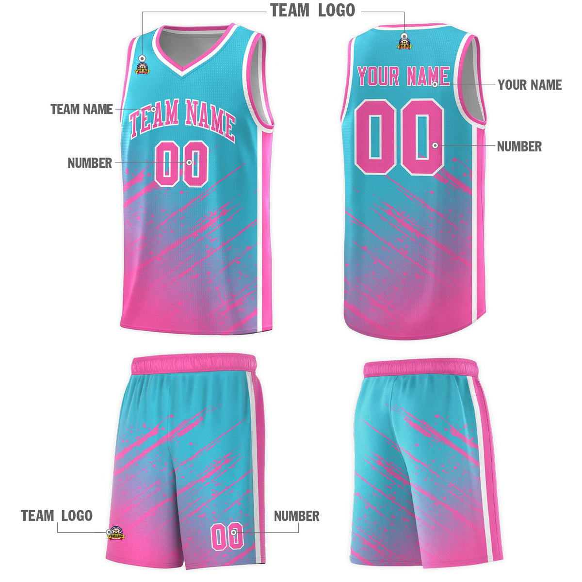 Custom Sky Blue Basketball Kits With Pink Paint Graffiti