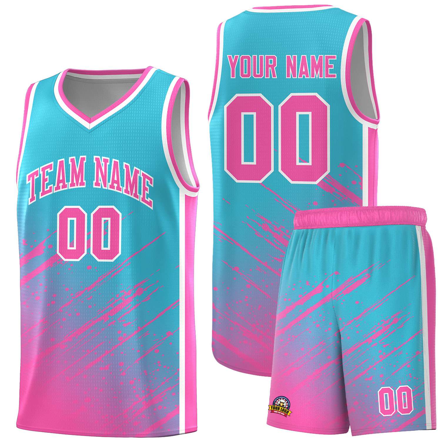Custom Sky Blue Basketball Kits With Pink Paint Graffiti
