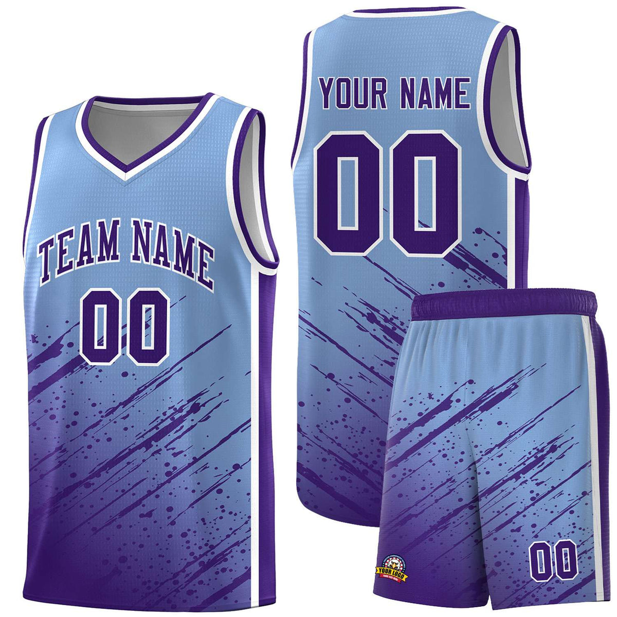 Custom Light Blue Basketball Kits With Purple Paint Graffiti