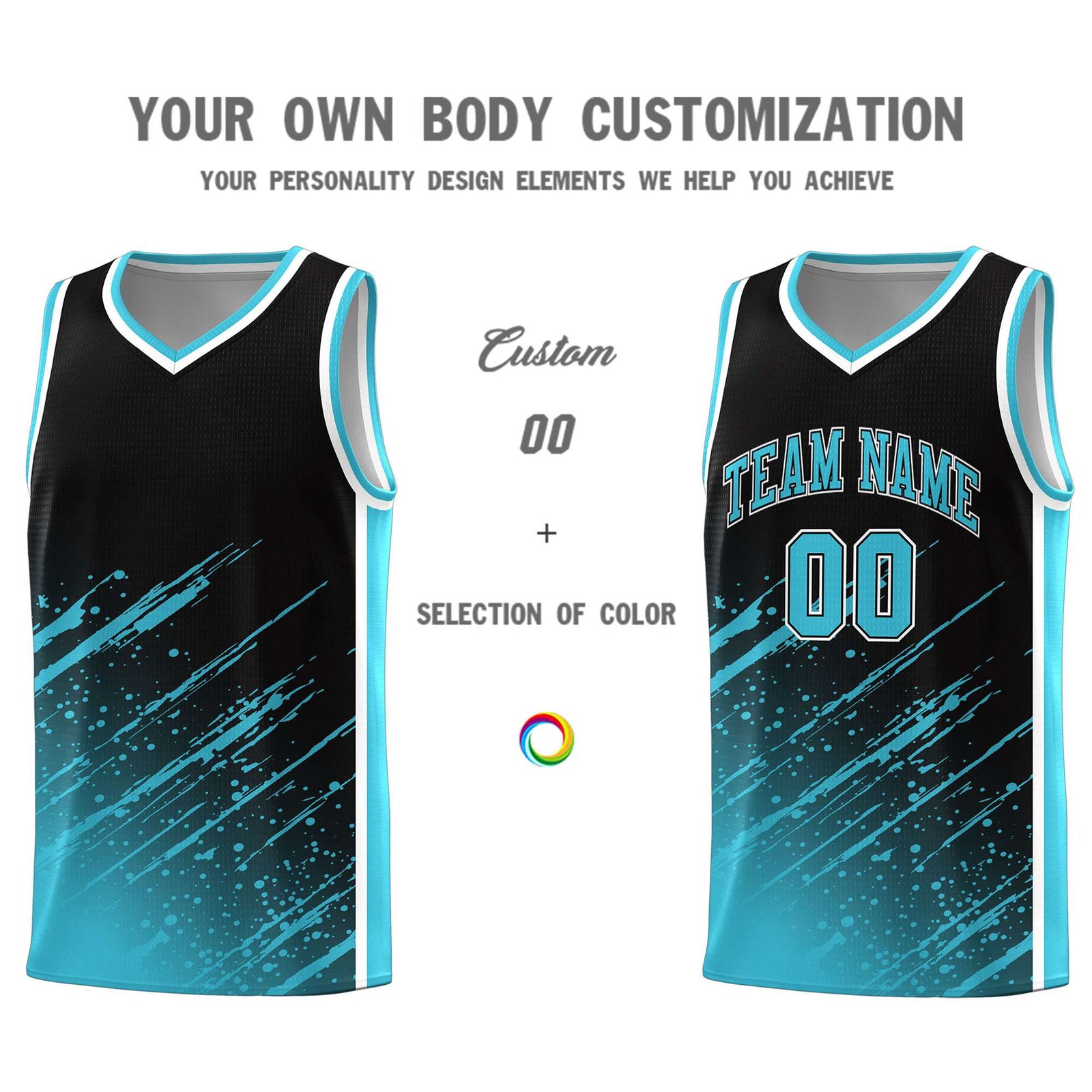 Custom Black Basketball Kits With Sky Blue Paint Graffiti