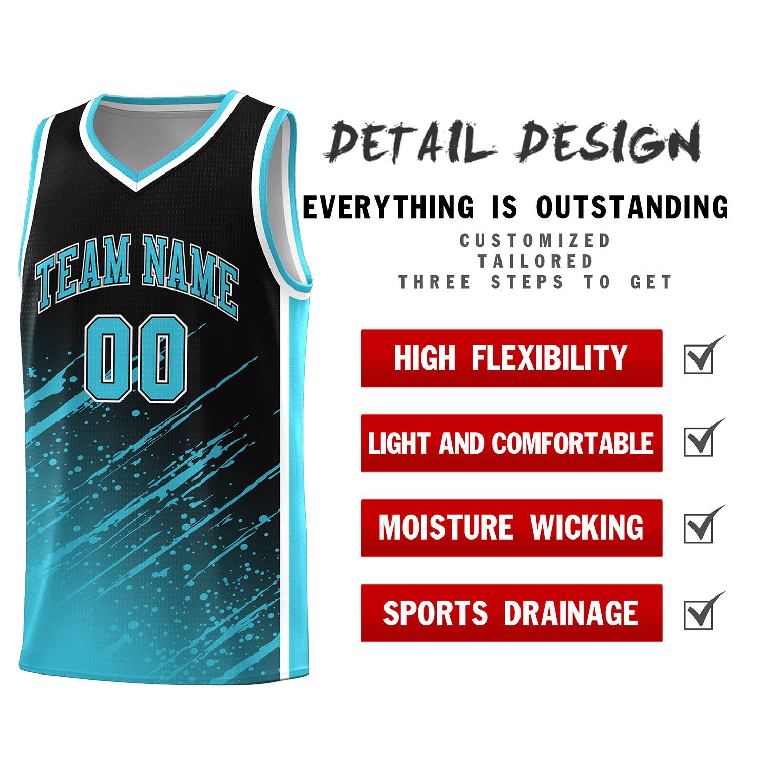 Custom Black Basketball Kits With Sky Blue Paint Graffiti