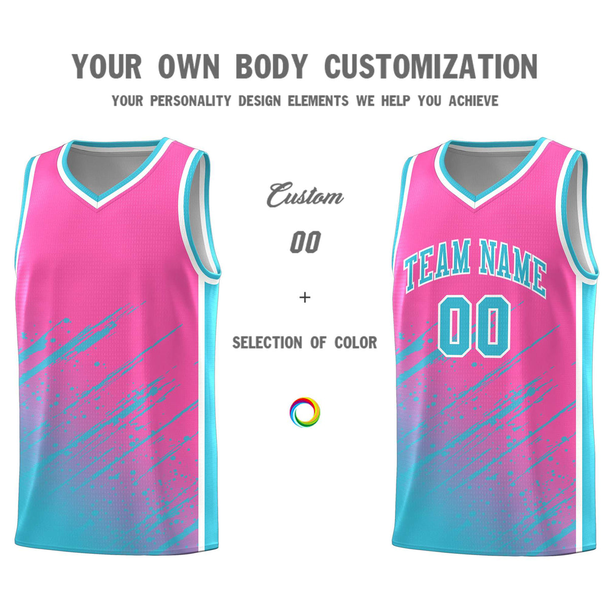 Custom Pink Basketball Kits With Sky Blue Paint Graffiti