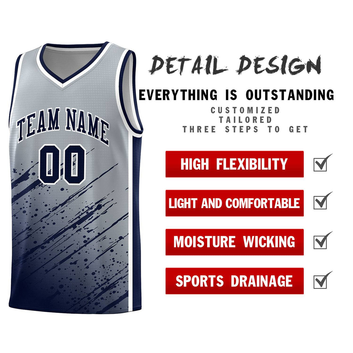 Custom Gray Basketball Kits With Navy Paint Graffiti