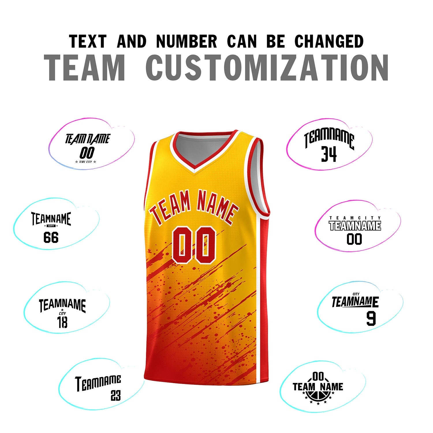 Custom Yellow Basketball Kits With Red Paint Graffiti