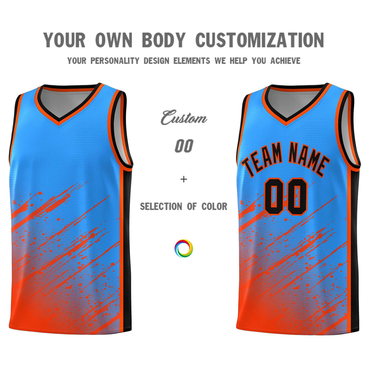 Custom Powder Blue Basketball Kits With Orange Paint Graffiti