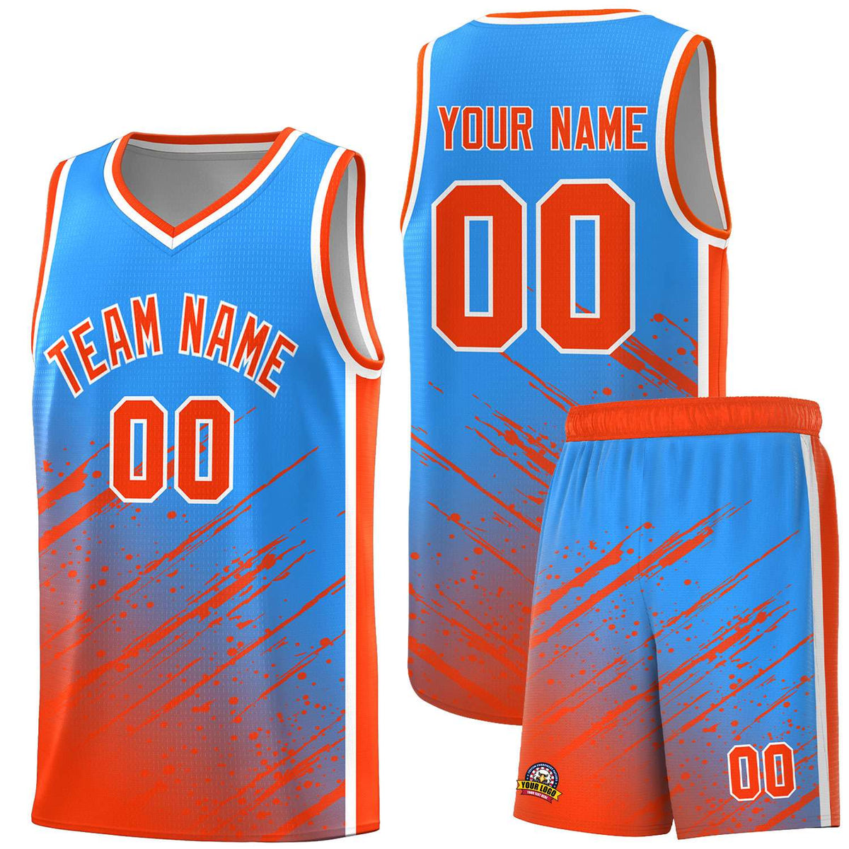 Custom Powder Blue Basketball Kits With Orange Paint Graffiti