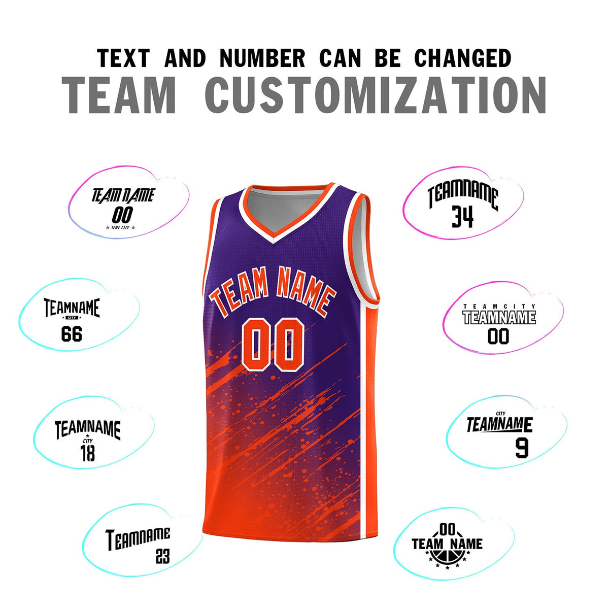 Custom Purple Basketball Kits With Orange Paint Graffiti
