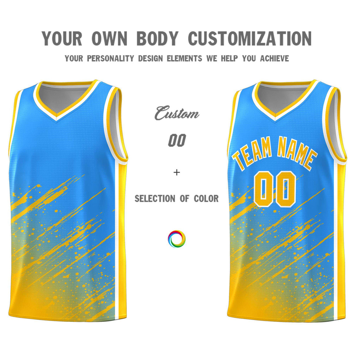 Custom Powder Blue Basketball Kits With Yellow Paint Graffiti