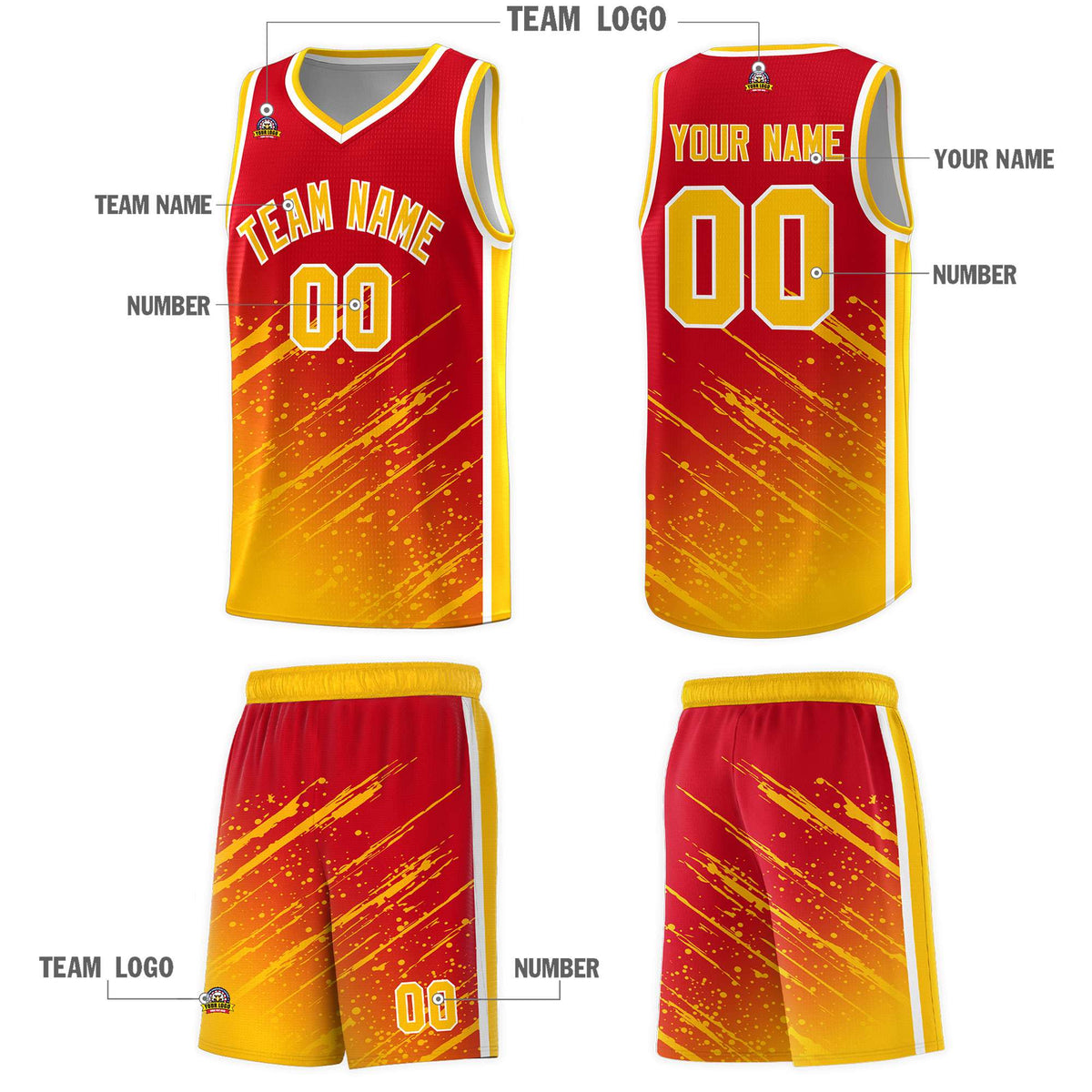 Custom Red Basketball Kits With Yellow Paint Graffiti