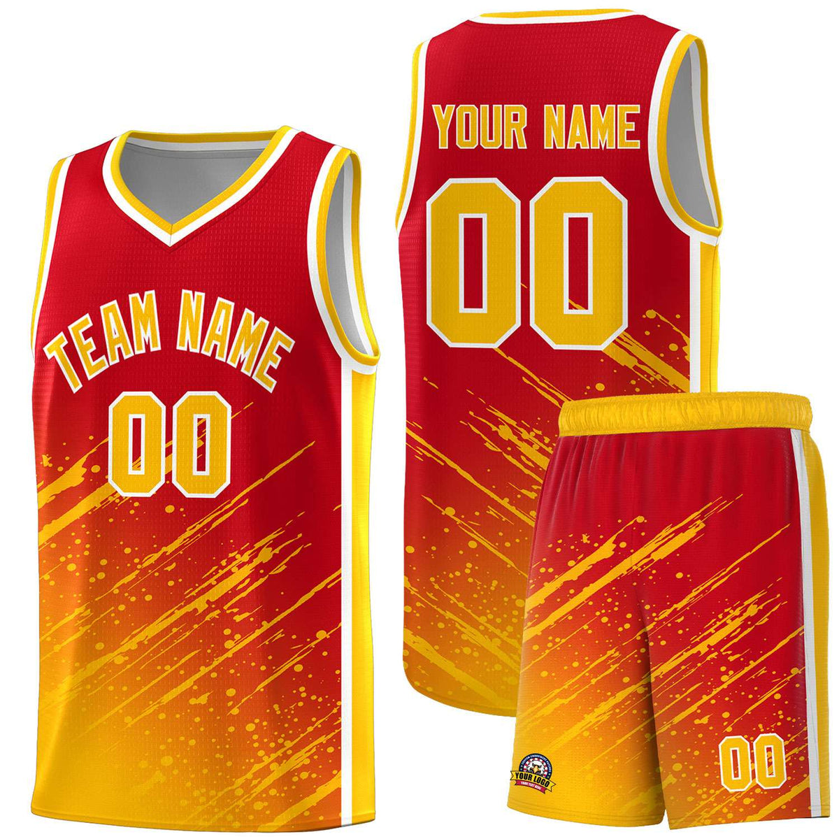 Custom Red Basketball Kits With Yellow Paint Graffiti