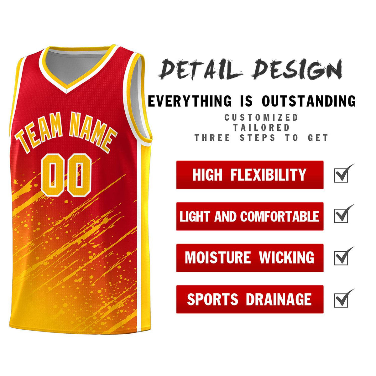 Custom Red Basketball Kits With Yellow Paint Graffiti