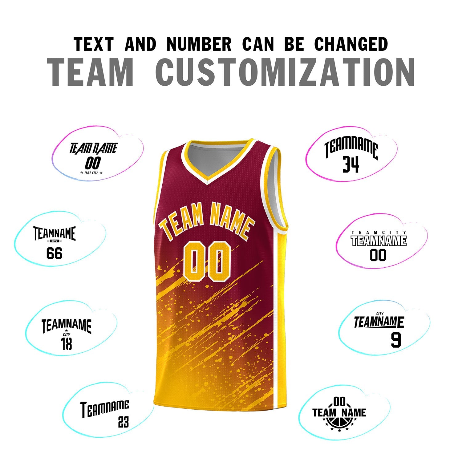Custom Crimson Basketball Kits With Yellow Paint Graffiti