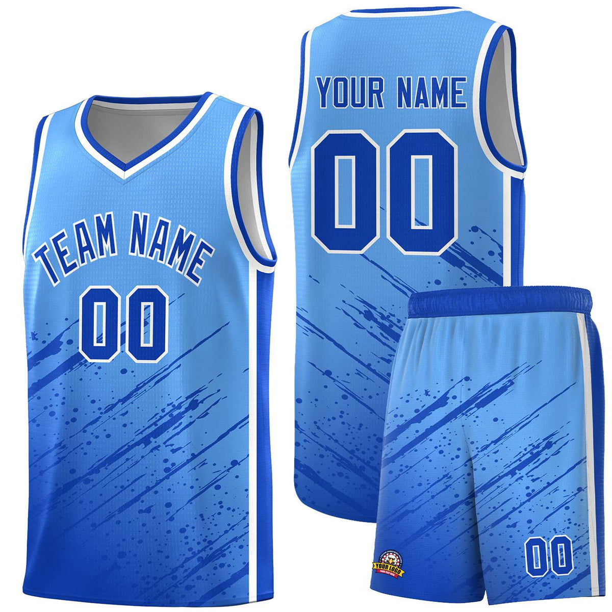 Custom Powder Blue Basketball Kits With Royal Paint Graffiti