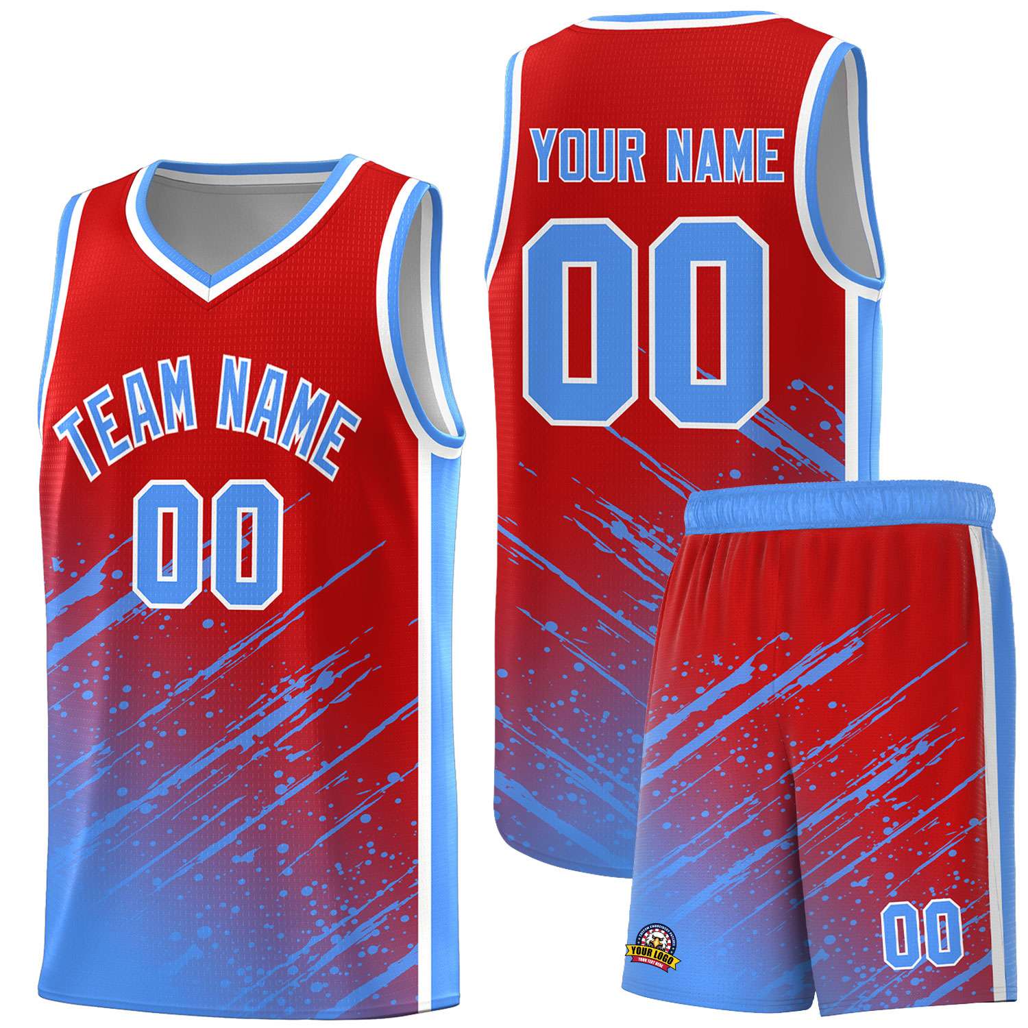 Custom Red Basketball Kits With Powder Blue Paint Graffiti