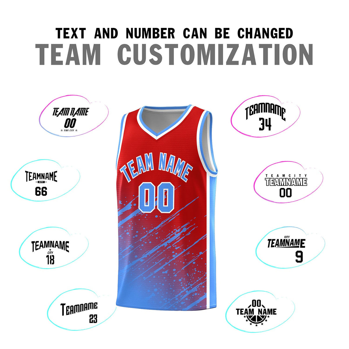 Custom Red Basketball Kits With Powder Blue Paint Graffiti