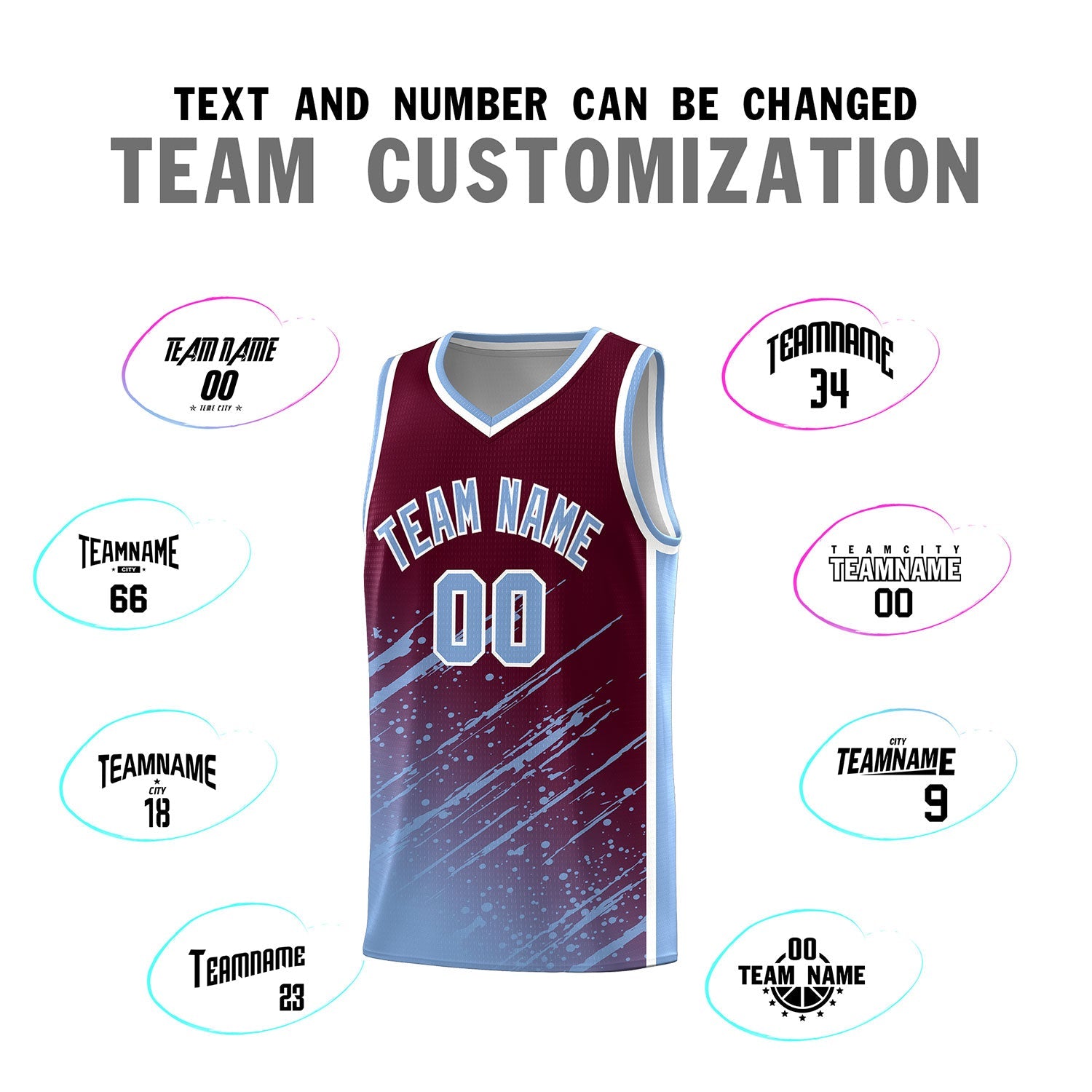 Custom Crimson Basketball Kits With Light Blue Paint Graffiti