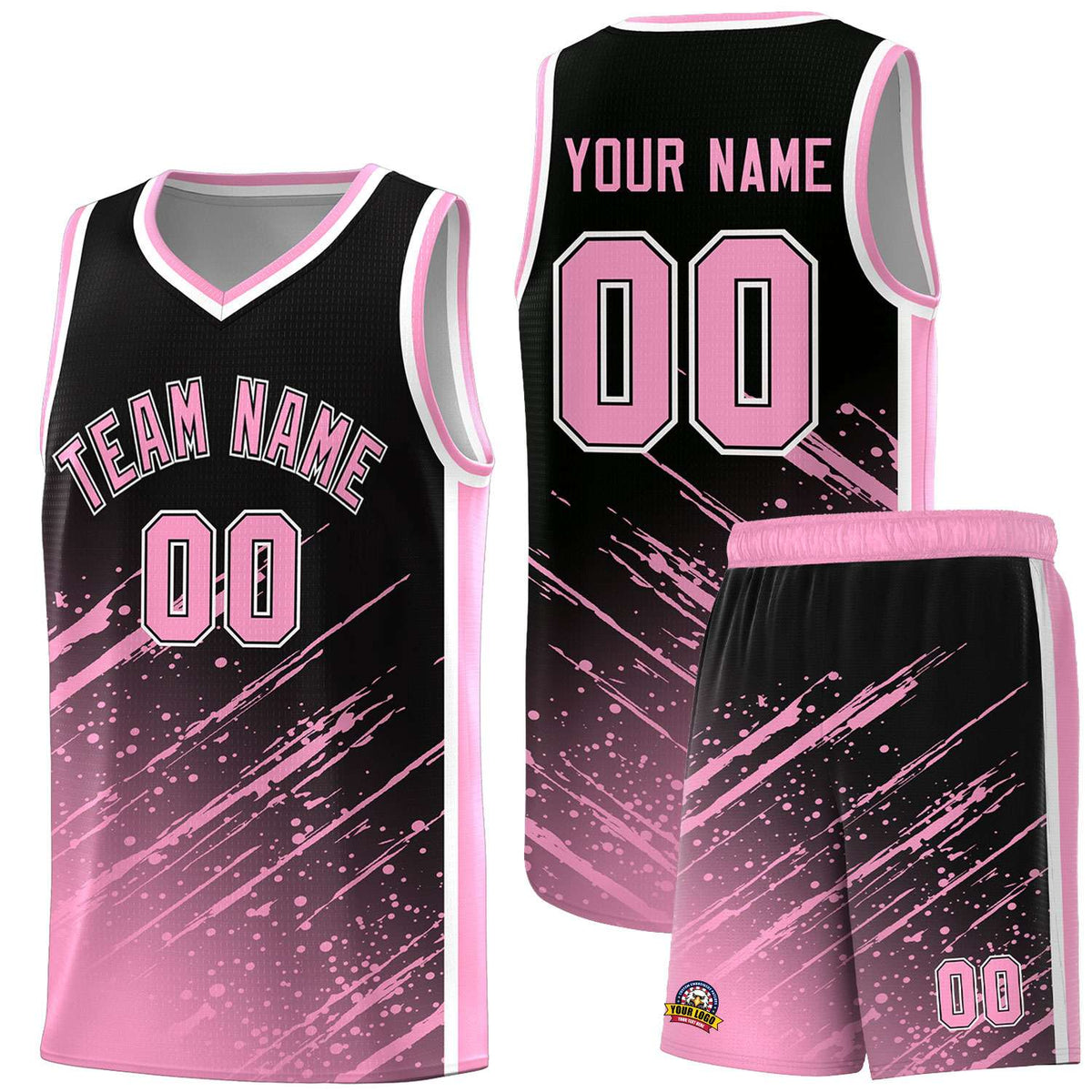 Custom Black Basketball Kits With Light Pink Paint Graffiti