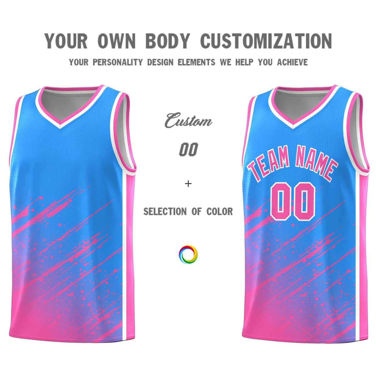 Custom Powder Blue Basketball Kits With Pink Paint Graffiti