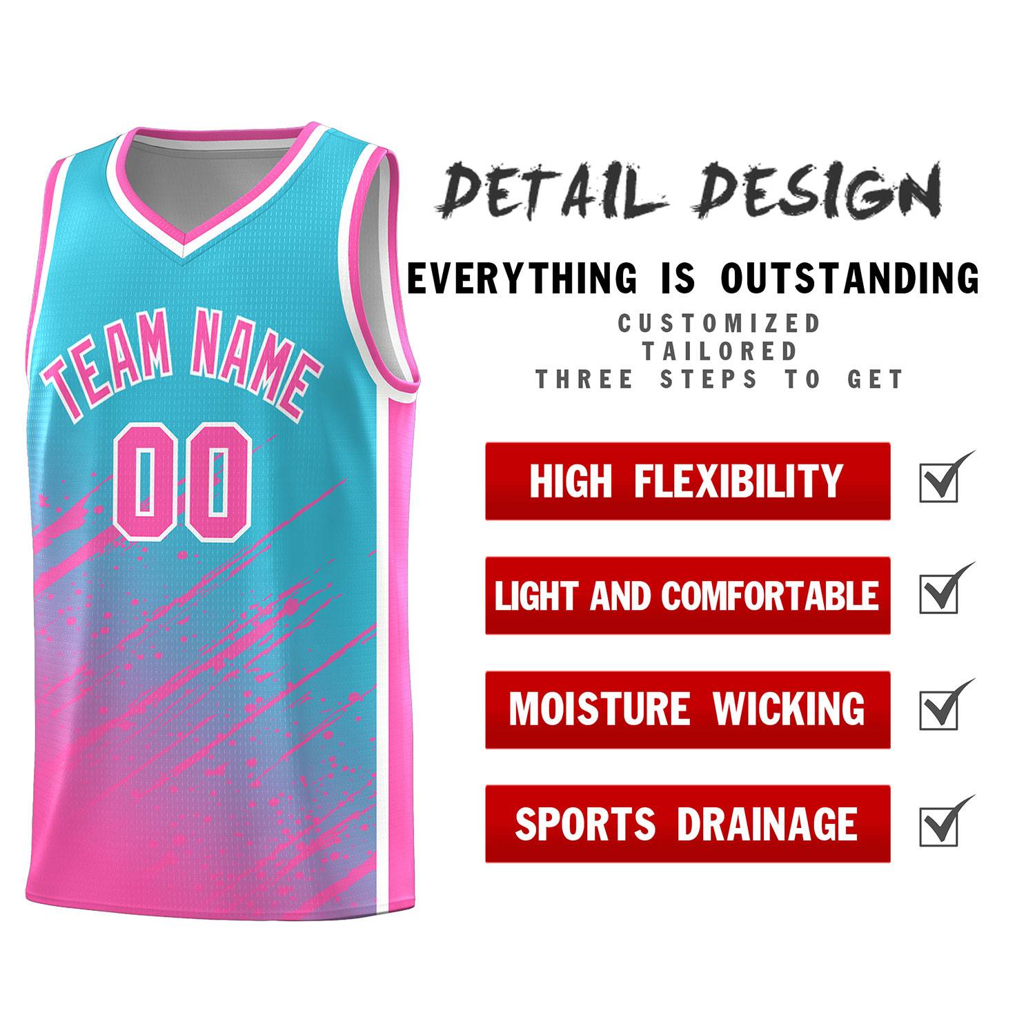 Custom Sky Blue Basketball Kits With Pink Paint Graffiti