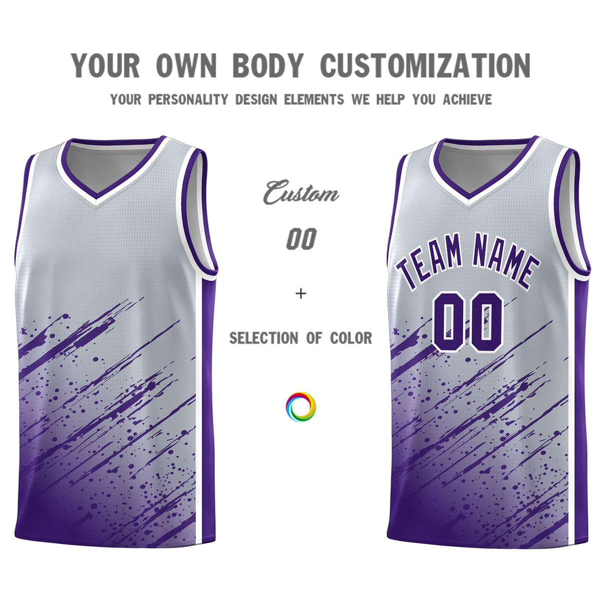Custom Gray Basketball Kits With Purple Paint Graffiti