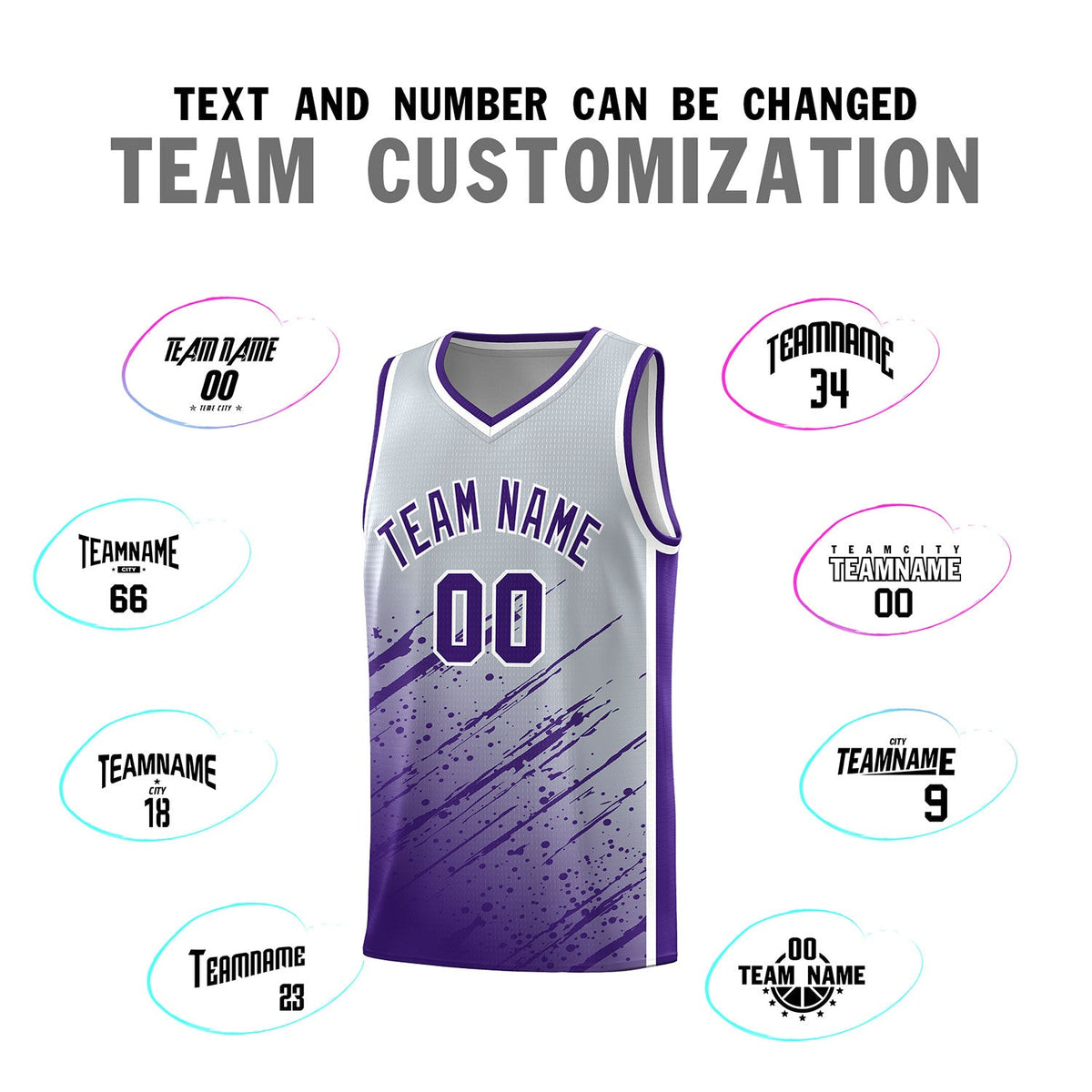 Custom Gray Basketball Kits With Purple Paint Graffiti