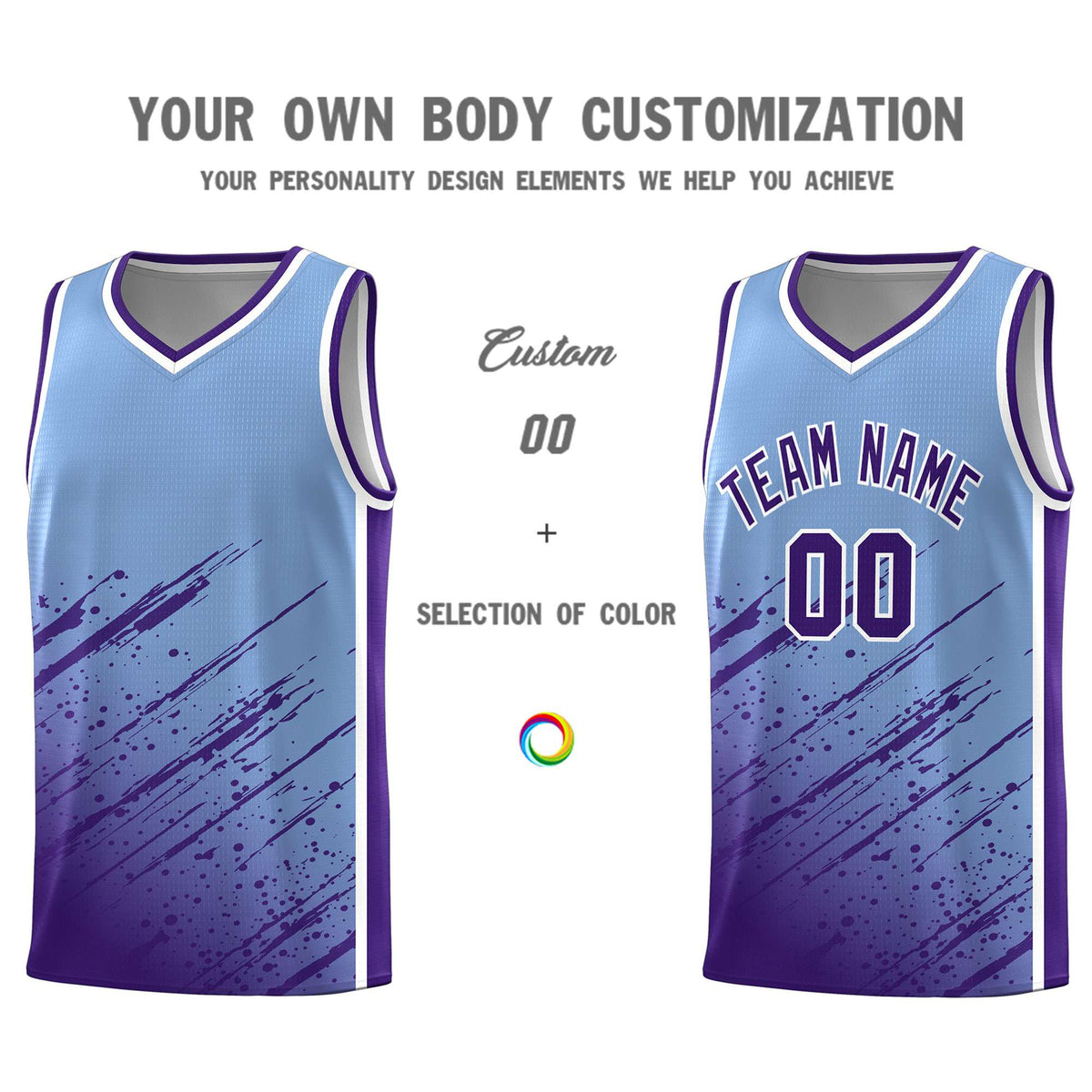 Custom Light Blue Basketball Kits With Purple Paint Graffiti