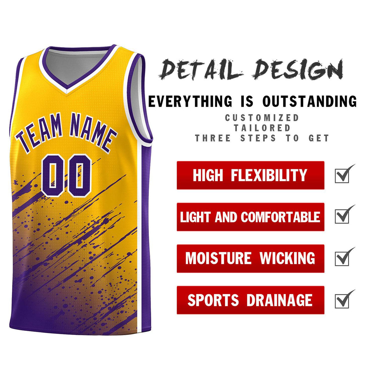 Custom Yellow Basketball Kits With Purple Paint Graffiti