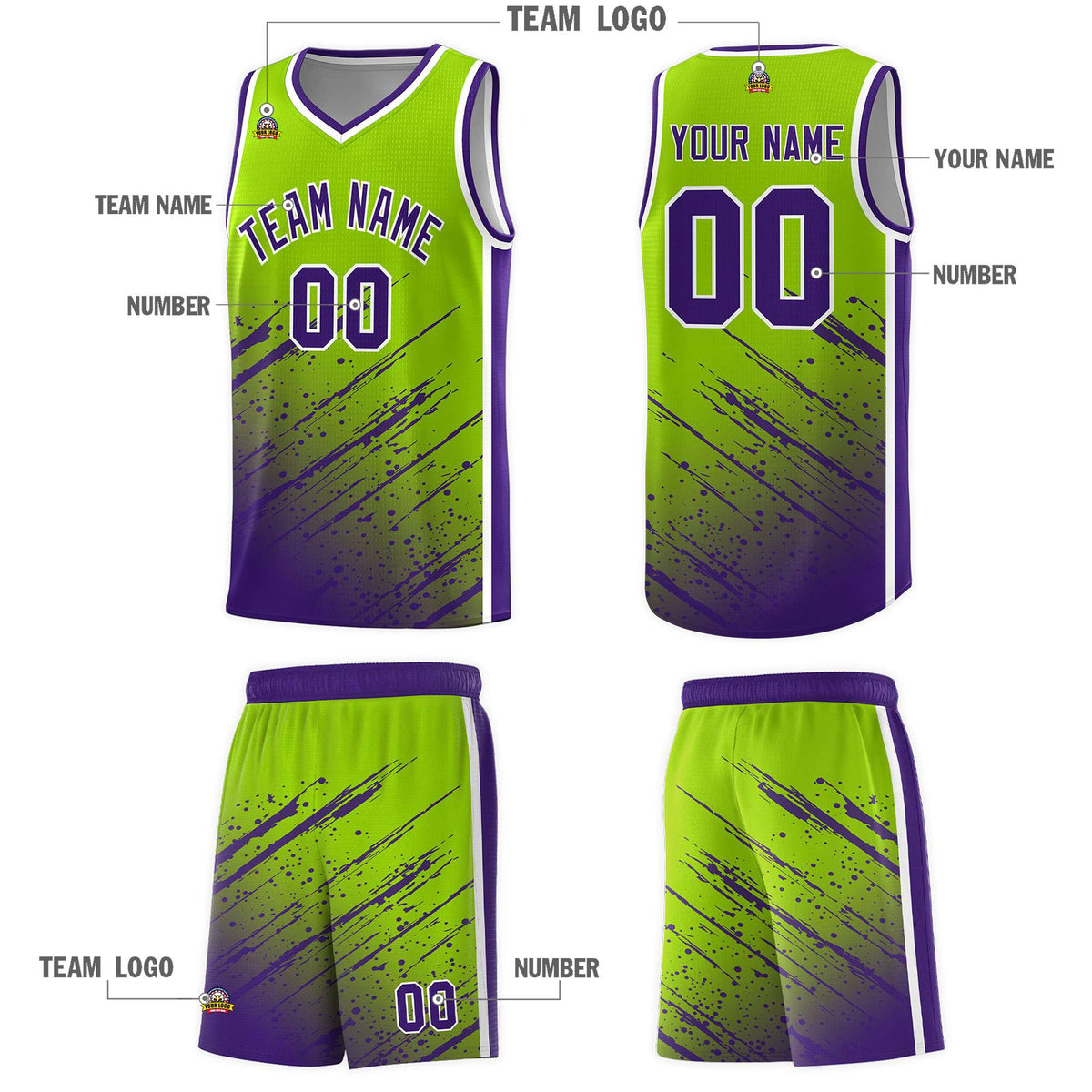 Custom Neon Green Basketball Kits With Purple Paint Graffiti