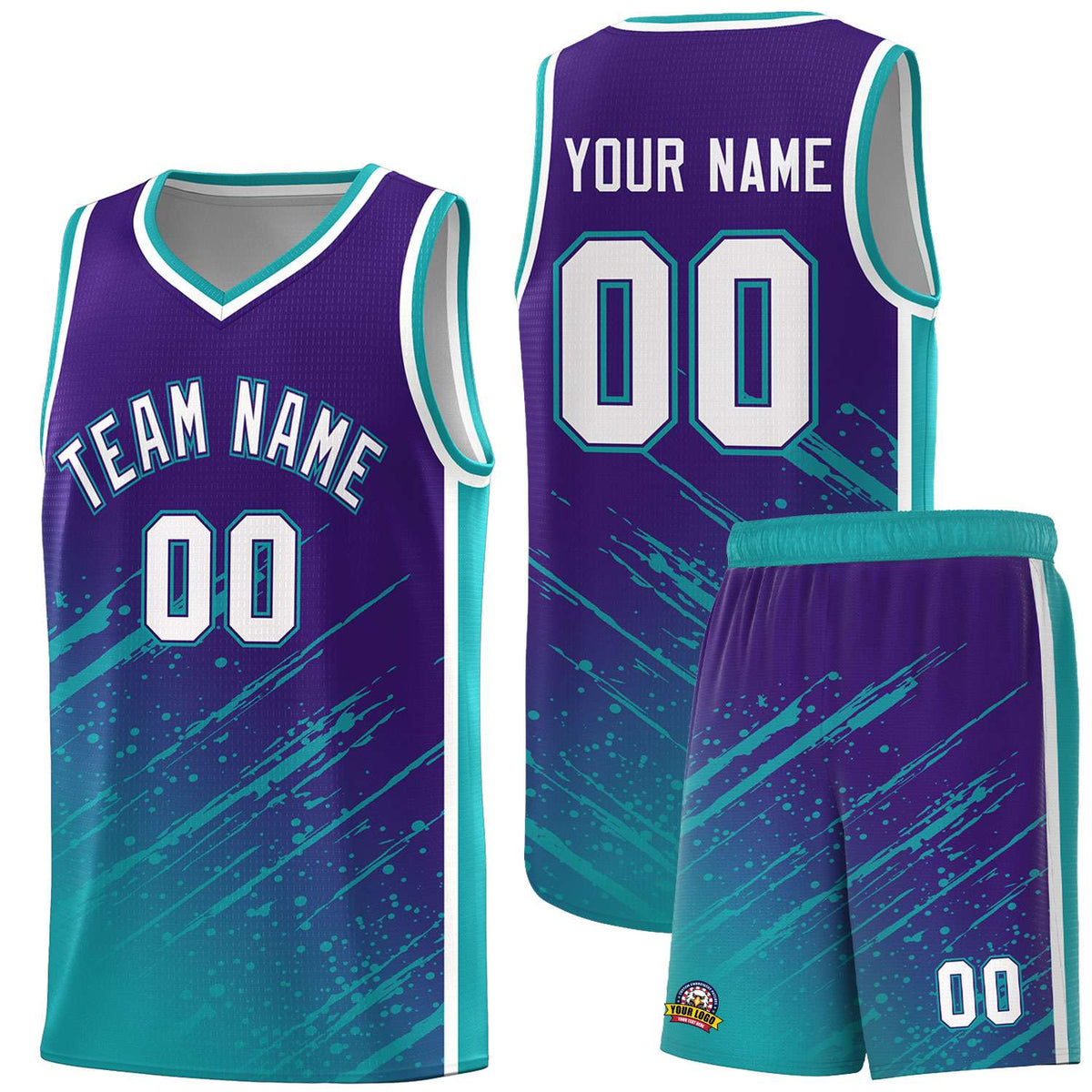 Custom Purple Basketball Kits With Aqua Paint Graffiti
