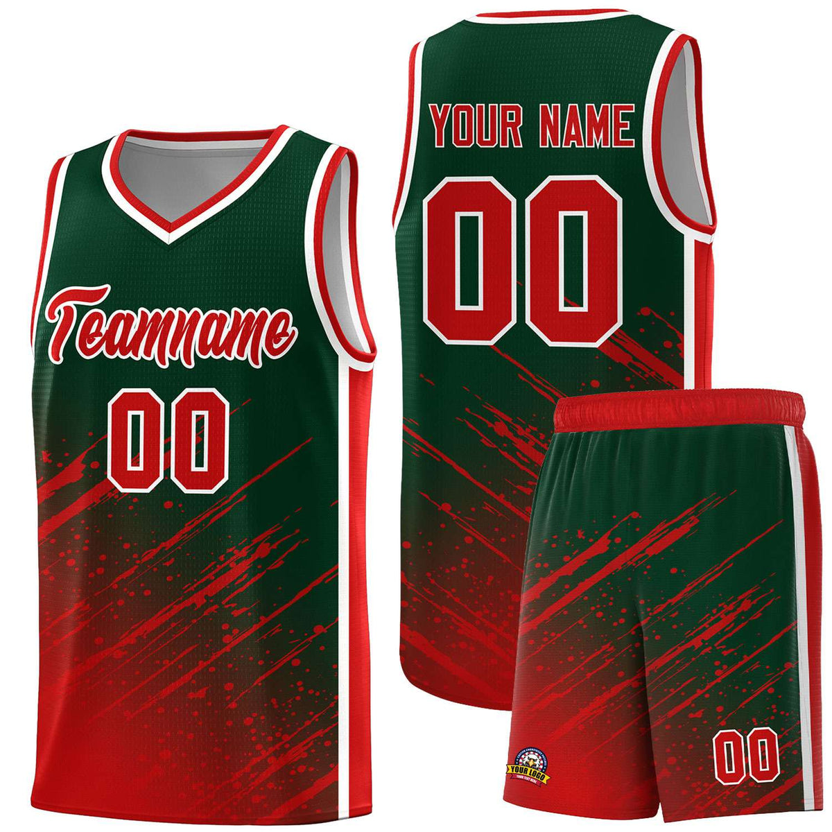 Custom Green Basketball Kits With Red Paint Graffiti