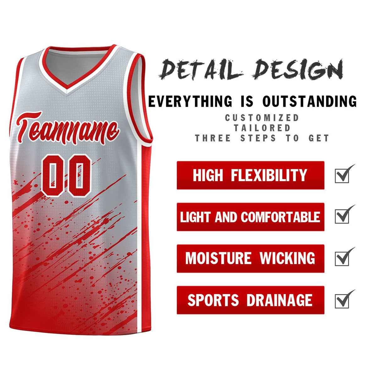 Custom Gray Basketball Kits With Red Paint Graffiti