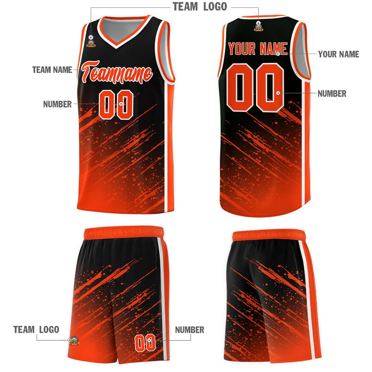 Custom Black Basketball Kits With Orange Paint Graffiti