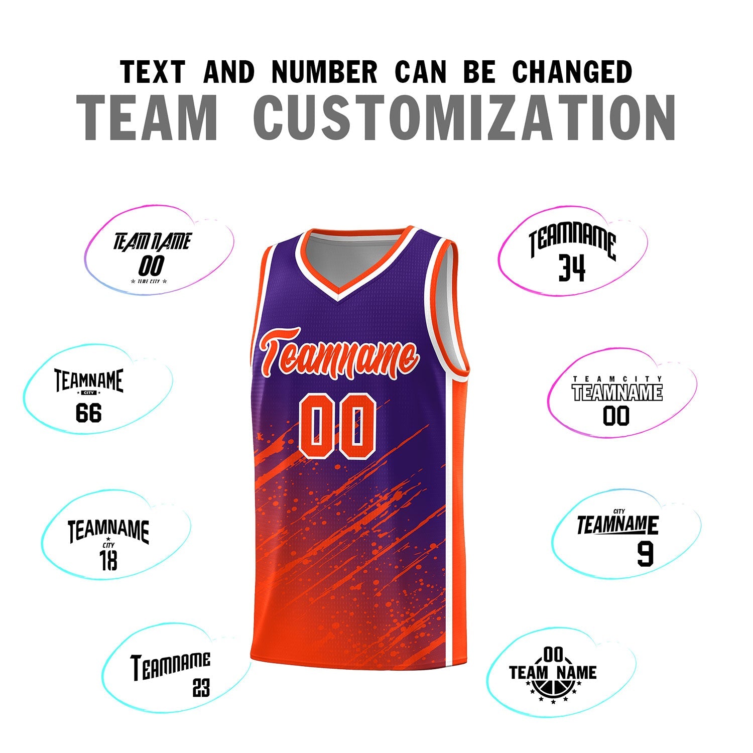 Custom Purple Basketball Kits With Orange Paint Graffiti