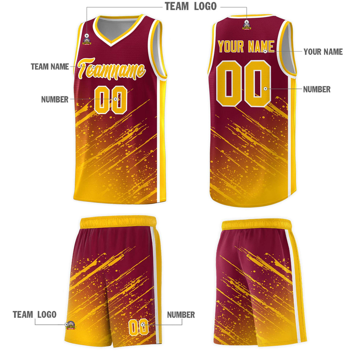 Custom Crimson Basketball Kits With Yellow Paint Graffiti