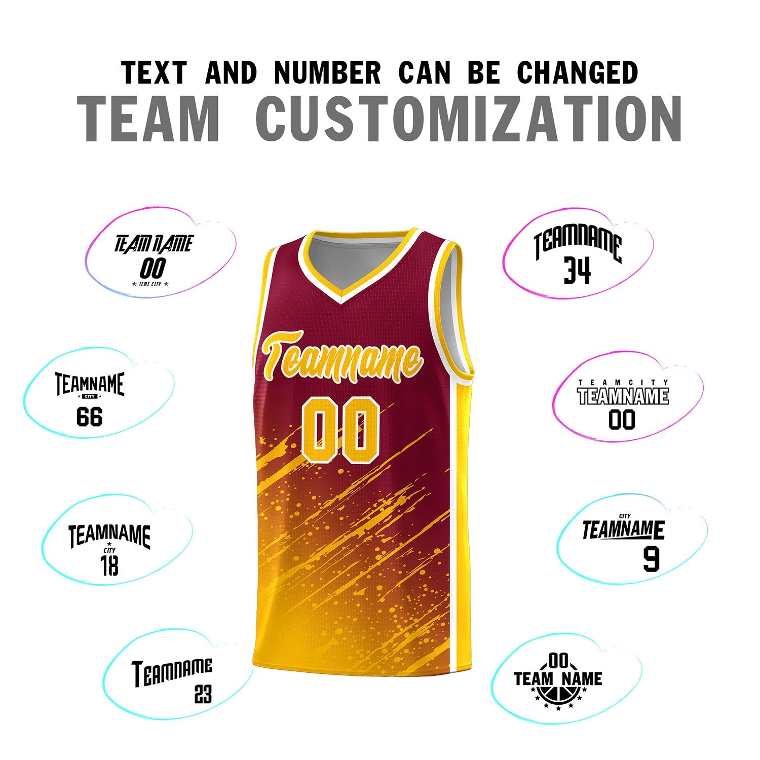 Custom Crimson Basketball Kits With Yellow Paint Graffiti