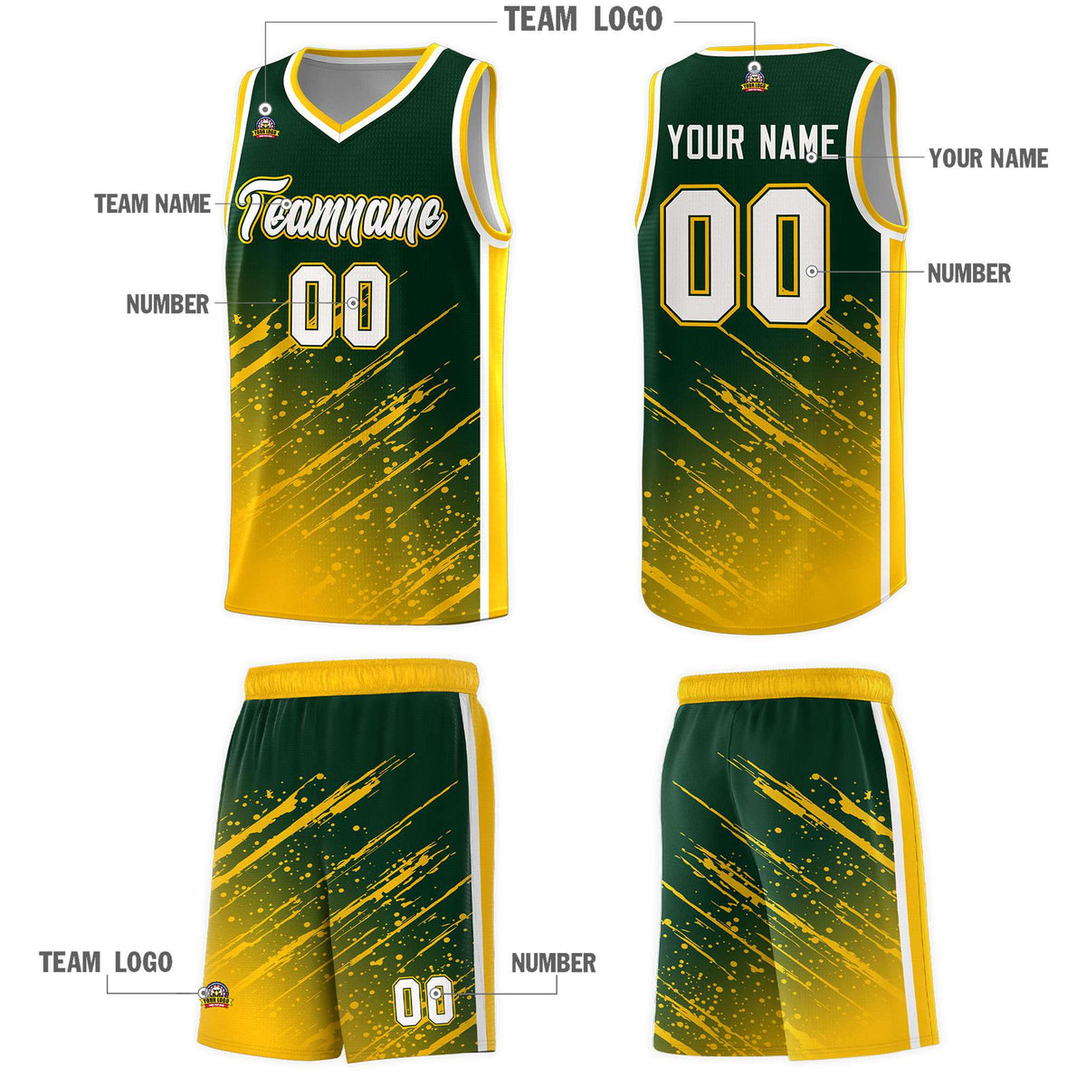 Custom Green Basketball Kits With Yellow Paint Graffiti