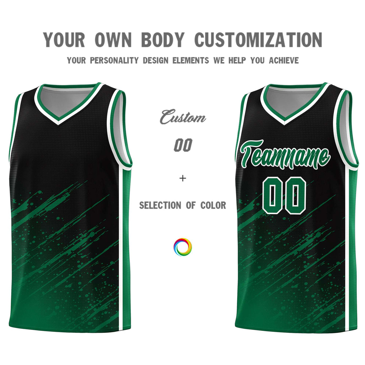 Custom Black Basketball Kits With Kelly Green Paint Graffiti
