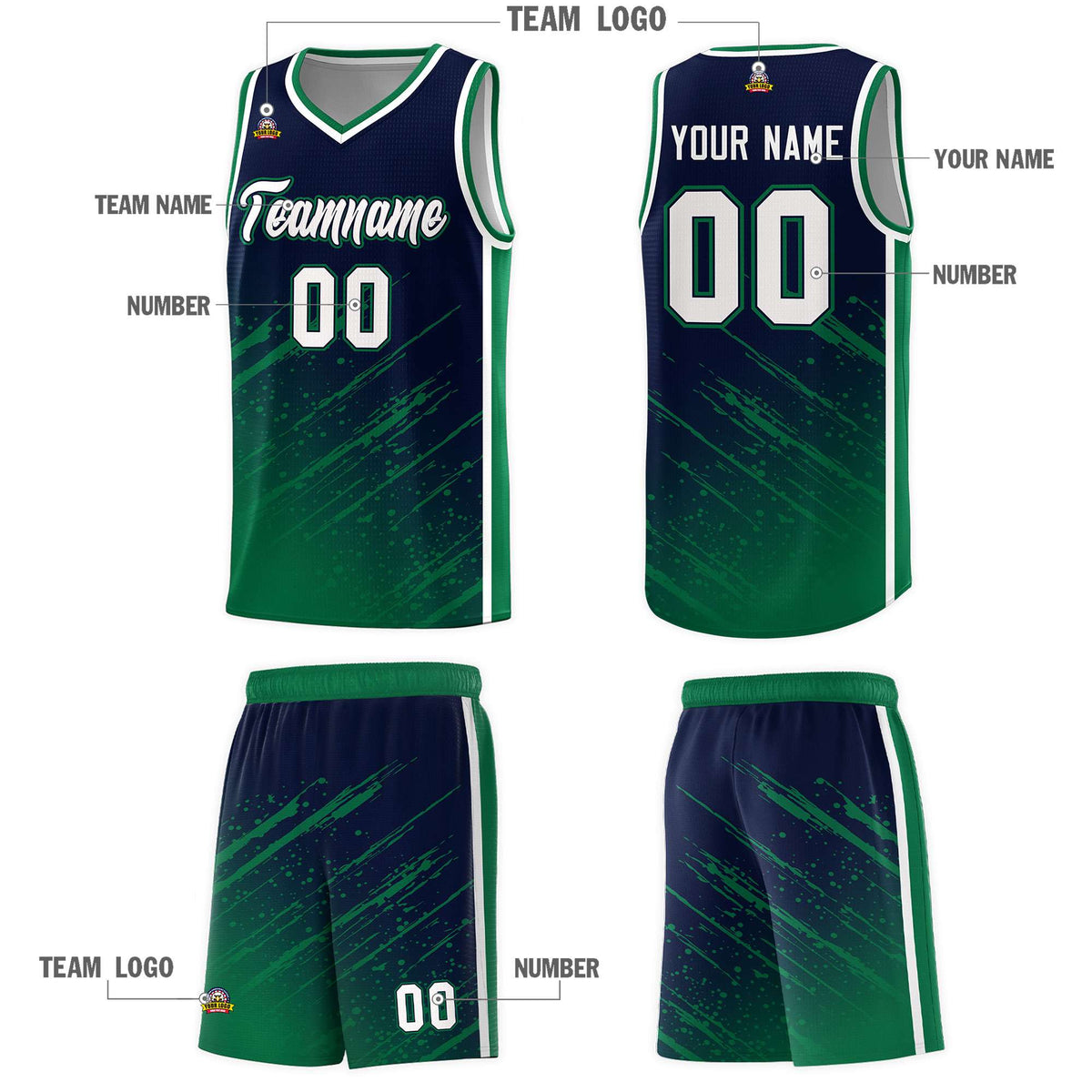 Custom Navy Basketball Kits With Kelly Green Paint Graffiti