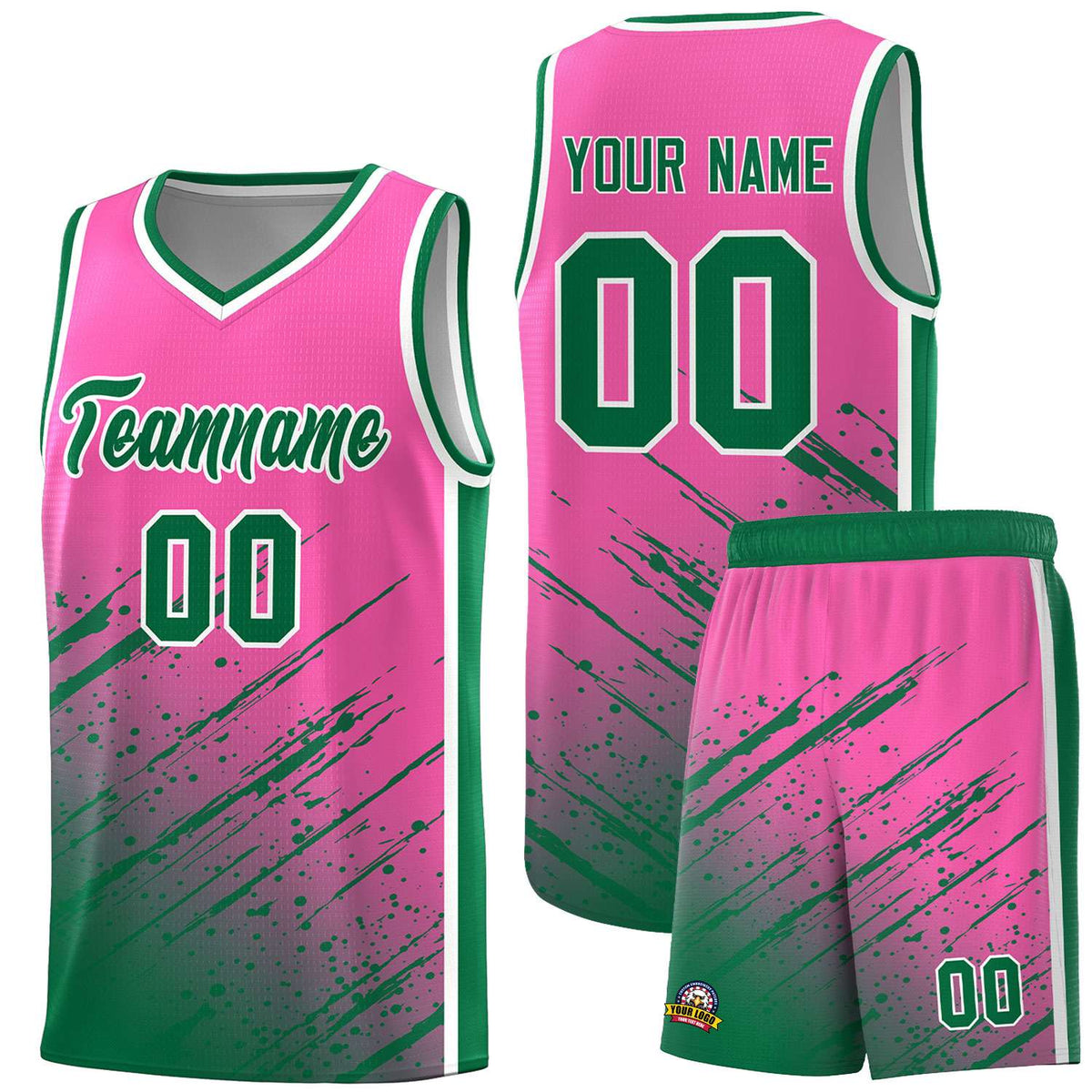 Custom Pink Basketball Kits With Kelly Green Paint Graffiti