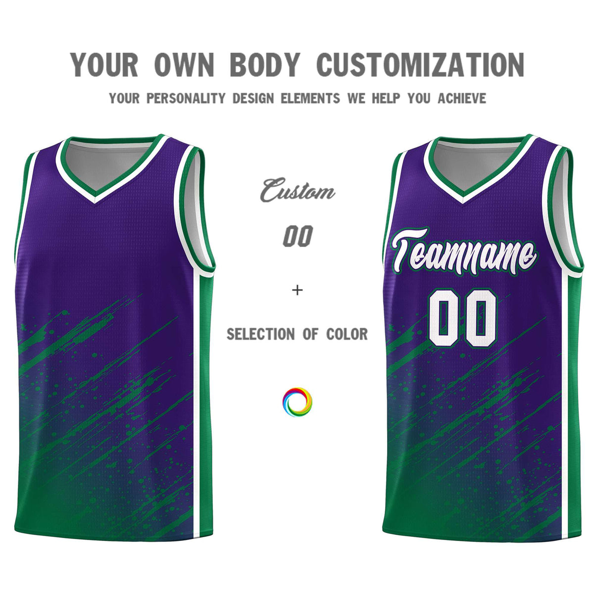Custom Purple Basketball Kits With Kelly Green Paint Graffiti