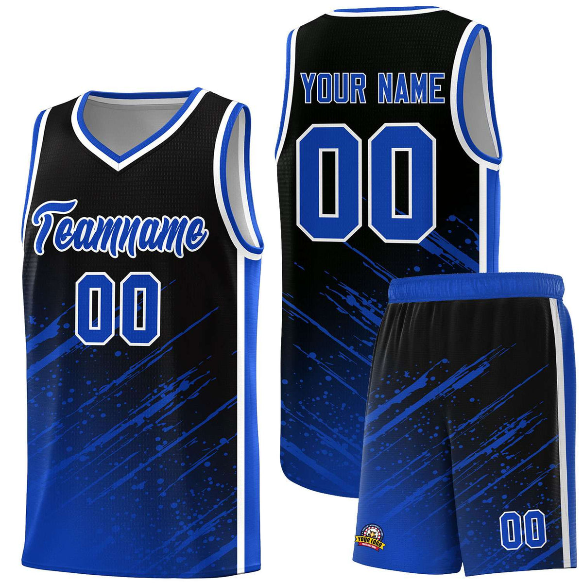 Custom Black Basketball Kits With Royal Paint Graffiti