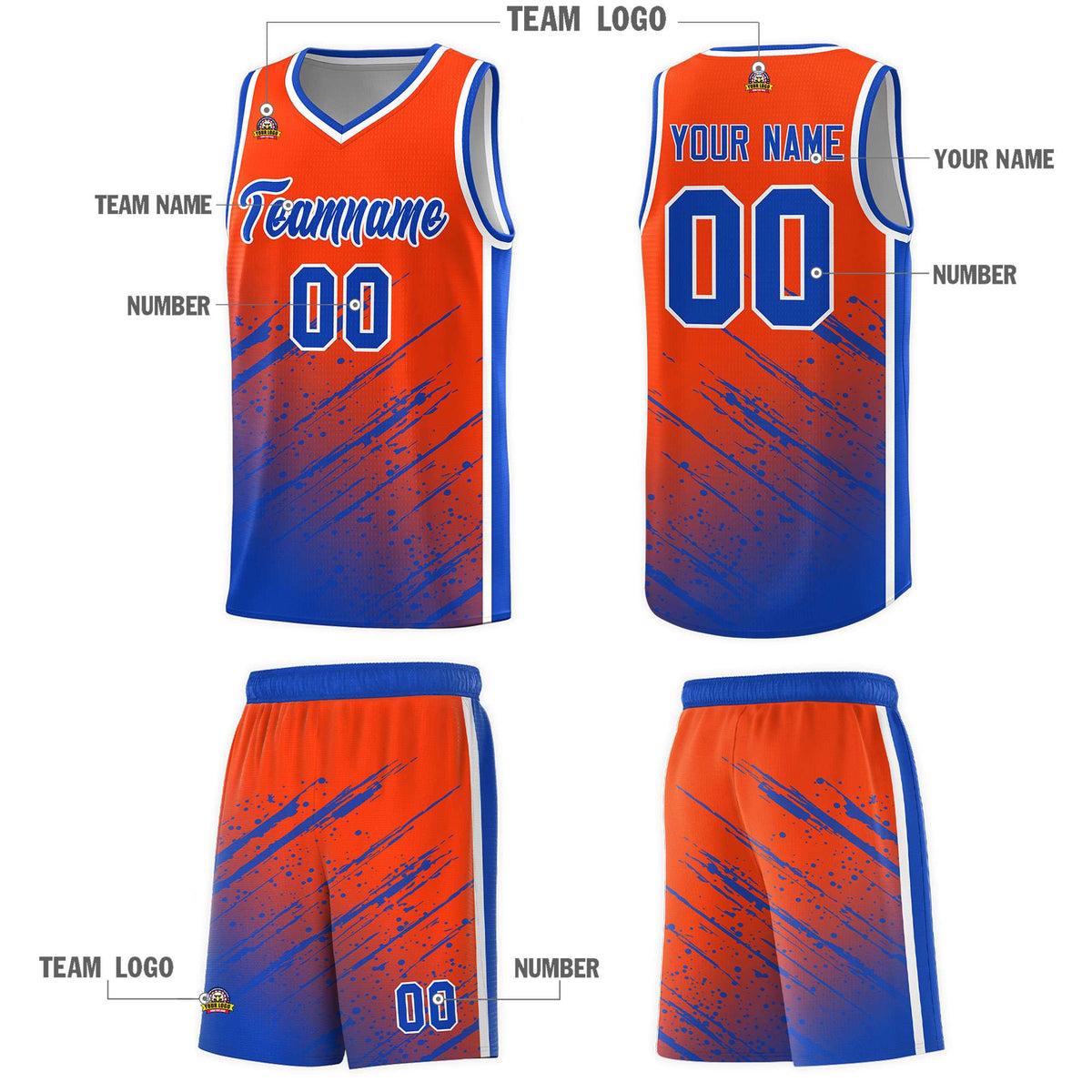 Custom Orange Basketball Kits With Royal Paint Graffiti