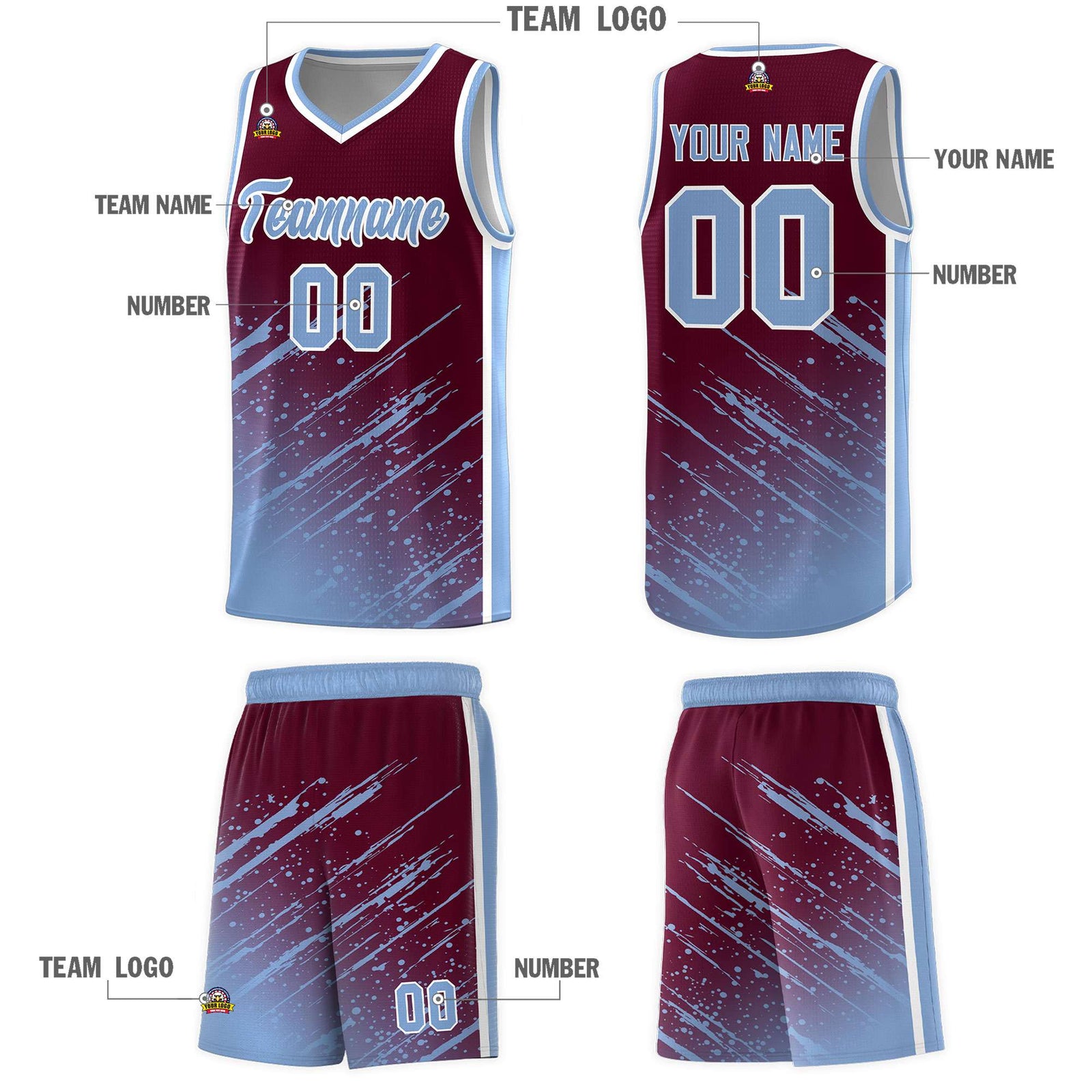 Custom Crimson Basketball Kits With Light Blue Paint Graffiti