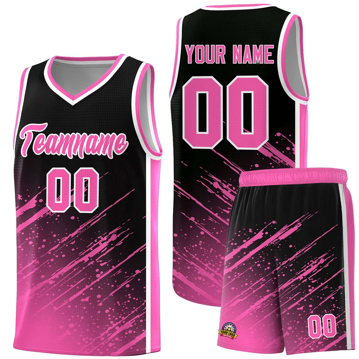 Custom Black Basketball Kits With Pink Paint Graffiti