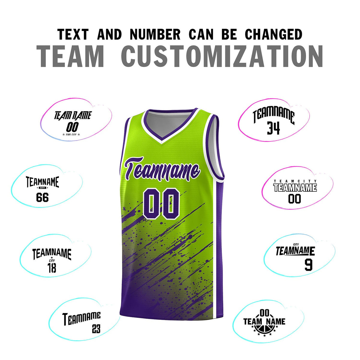 Custom Neon Green Basketball Kits With Purple Paint Graffiti