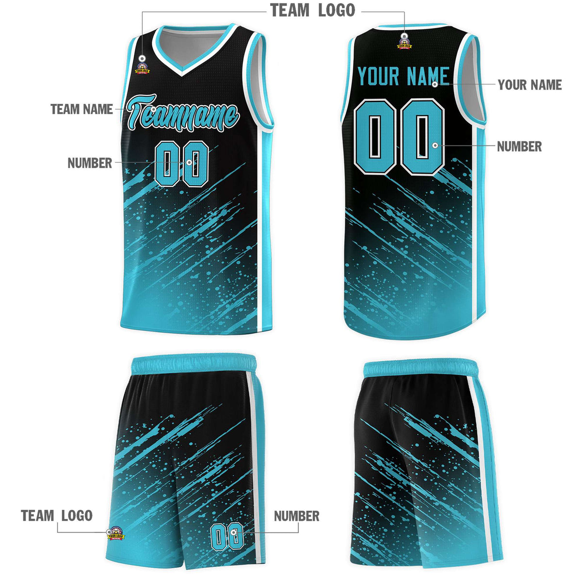 Custom Black Basketball Kits With Sky Blue Paint Graffiti