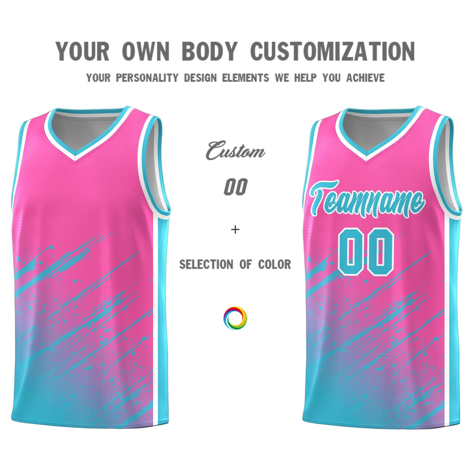 Custom Pink Basketball Kits With Sky Blue Paint Graffiti